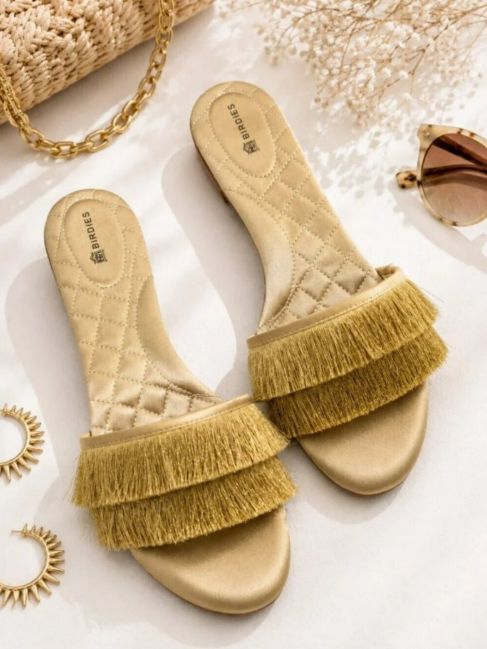 Birdies "The Sparrow" Gold Satin Fringe Slide Sandals, Size 10
